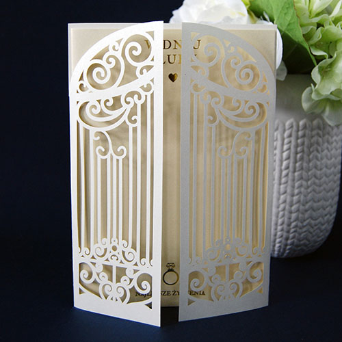 Latest design white gate shape wedding cards invitation
