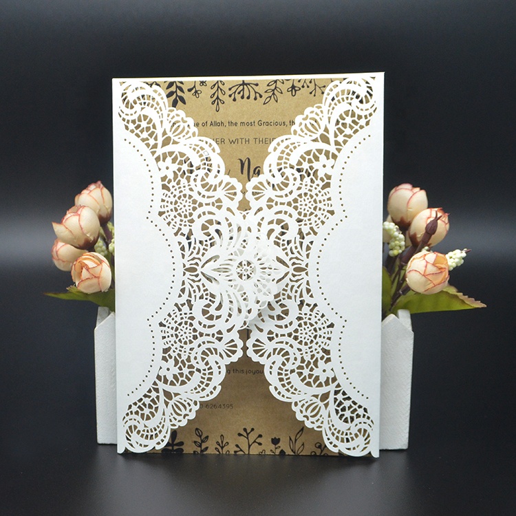 Elegant laser cut white pocket greeting wedding card invitation