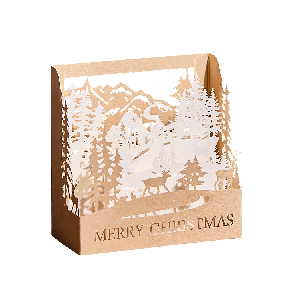 2022 Pop up cards paper Merry Christmas Tree 3D pop Customize laser cut greeting cards luxury invitations with envelopes