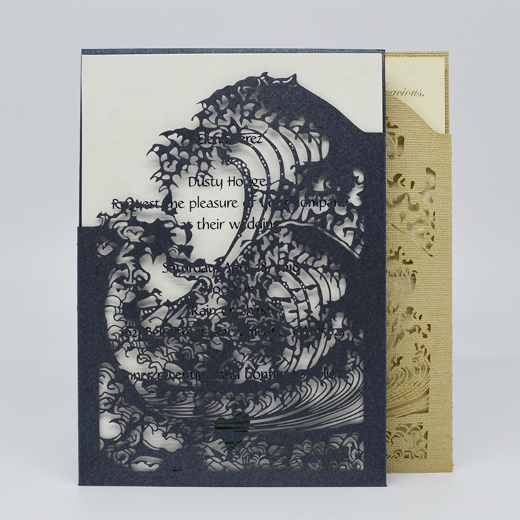 Latest Lace Cut Waves Design As Love Forever Wedding,Engagement Pocket Invitation Card Set With Envelope&Customize Printing