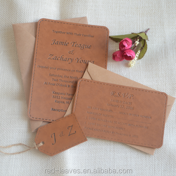 Guangzhou factory custom leather invitation word with rsvp