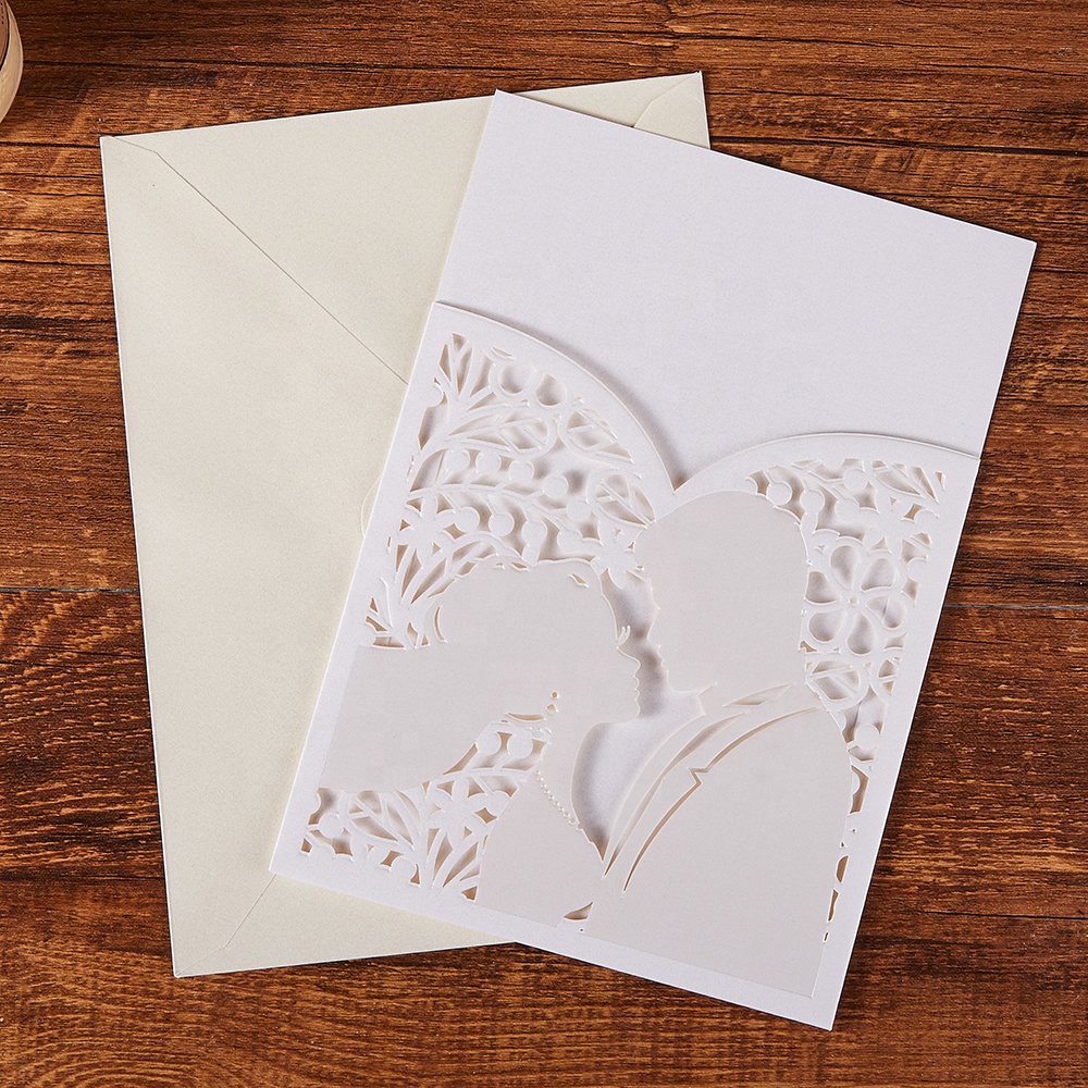 Unique latest couple hot stamping pocket invitation card with envelopes Lace Bride And Groom Design