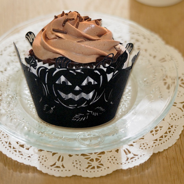 DIY Hollow out Halloween Lace Pumpkin Face Cupcake Wrappers and Toppers Lace Liner Baking Cake Paper Cup Wraps for Halloween Par