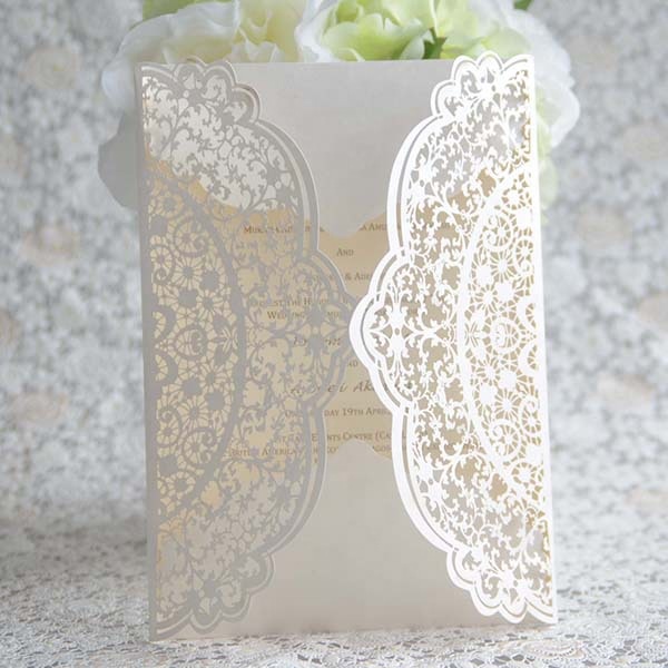 Chinese supplies laser cut elegant white card wedding invitation
