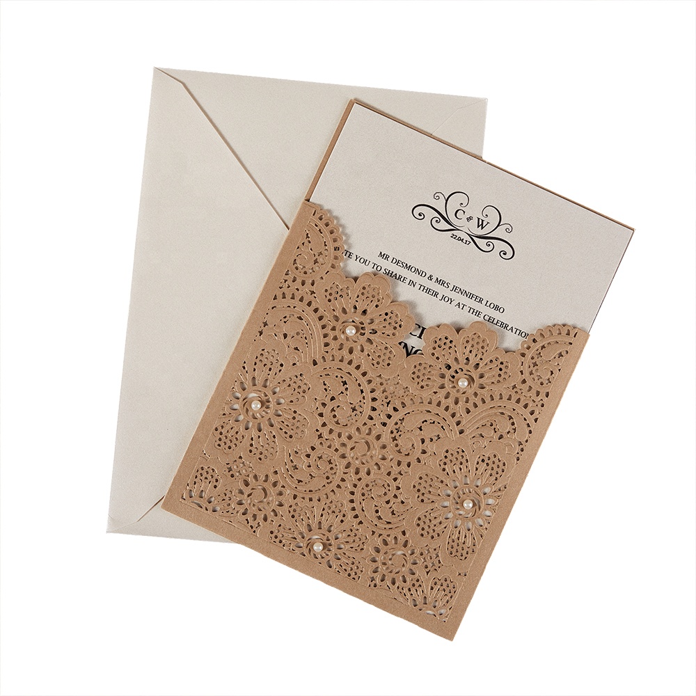 Customized embossing pocket laser cut style wedding invites paper cards