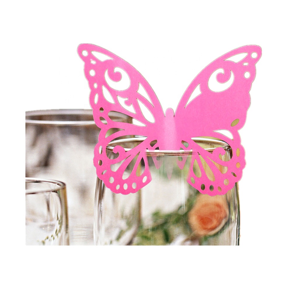 Butterfly Wine Glass Cards Name Place Cards Laser Cut Wine Cup Decoration Postcards Wedding Centerpieces Table Decoration (Pink)