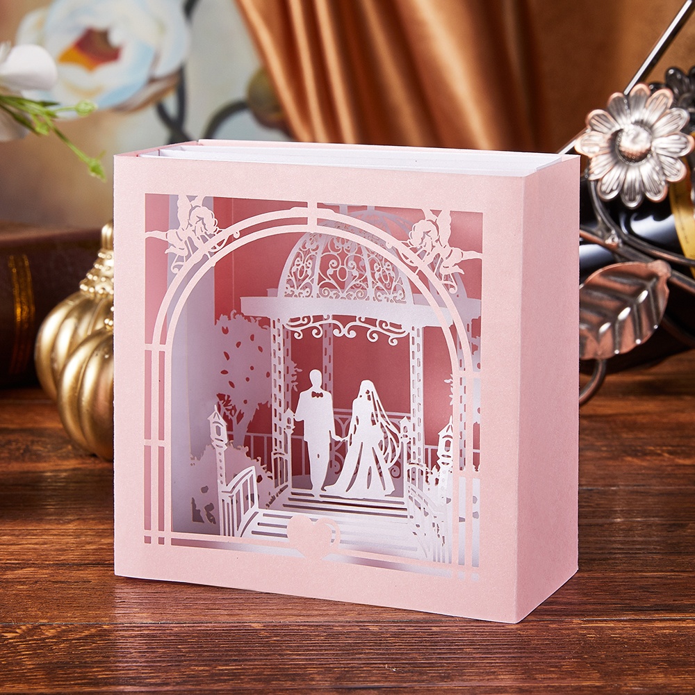 Wholesale Custom Printing Exquisite Handmade Carving Wedding Invitations Pink 3D Pop Up Greeting Cards with Envelopes OEM