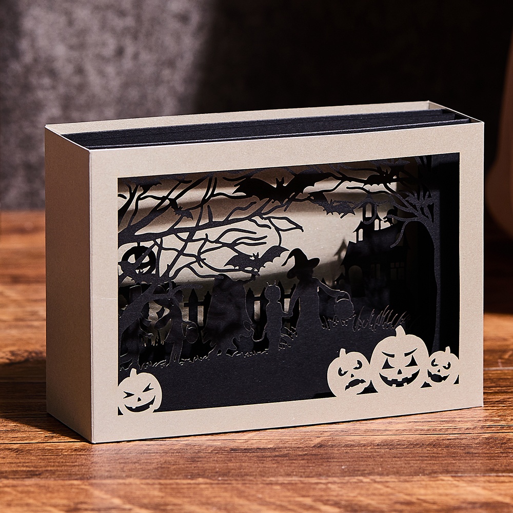 Laser Cut Tunnel card 3D Pop-up Card Set Halloween Spooky-Pumpkin-Bat, Papercut 3D Holiday Greeting Cards With Envelopes