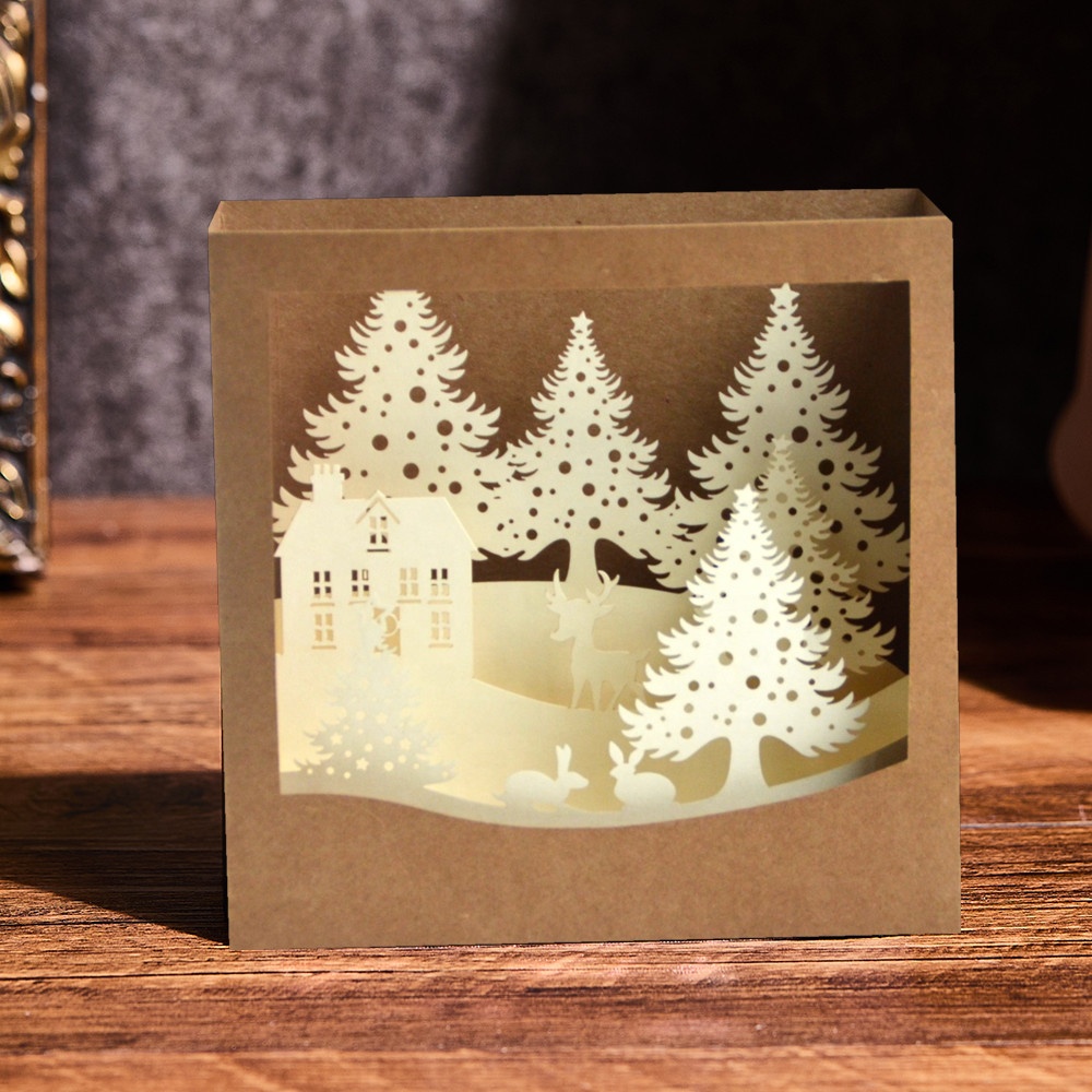 Fashion design pop up Christmas cards for greeting Holidays, New Year, Winter, Birthday out door house,rabbit,reindeer scene